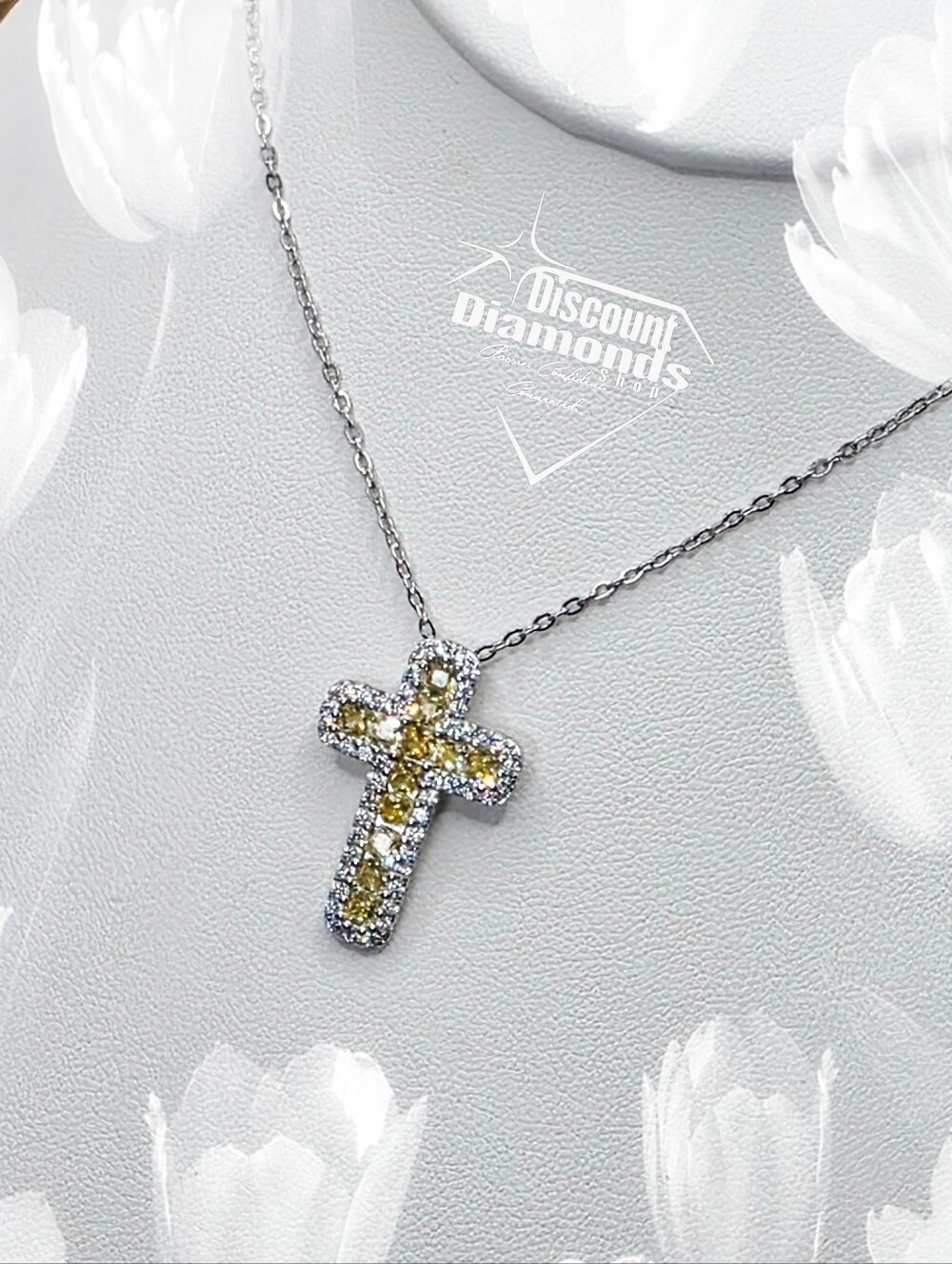Clear White Baguette & Yellow Diamond Cross Pendant Necklace 925 Sterling Silver